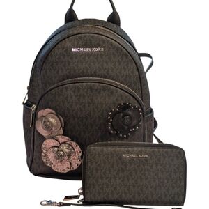 New Michael Kors Abbey Medium Floral Black leather Backpack & large Wallet SET